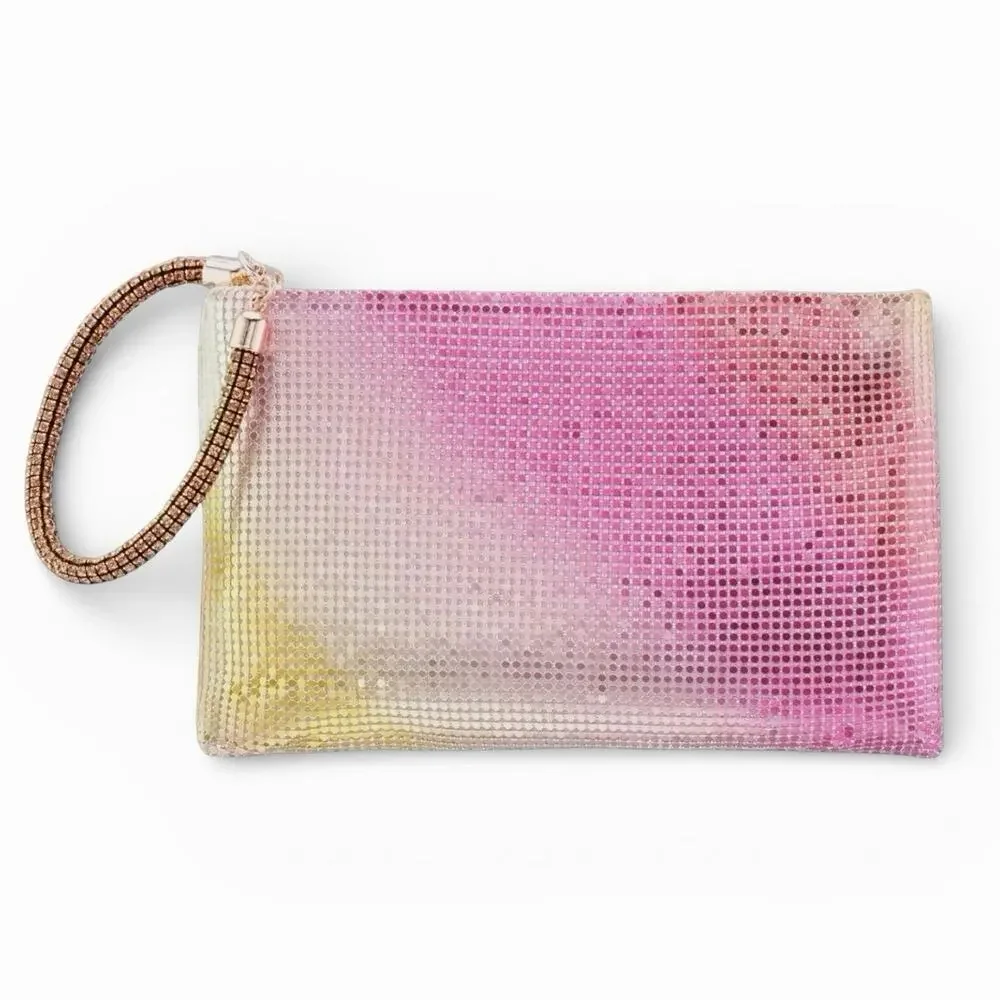 Nina Bergman Metallic Mesh Rainbow Glass Crystal Wristlet Clutch, NWOT